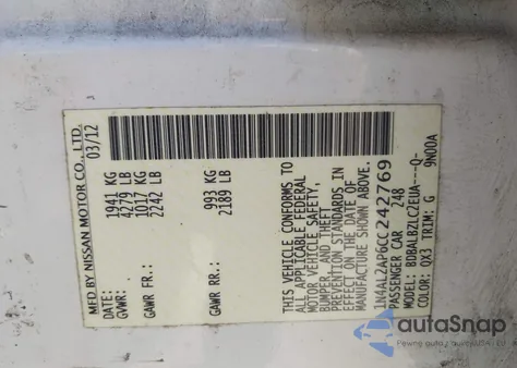 2012 Nissan Altima 2.5 S z USA, uszkodzony, nr VIN 1N4AL2AP6CC242769